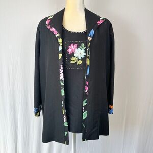 Alfred Dunner Black Floral‎ Beaded Tank Top 8 Open Front Jacket 10 Set Office